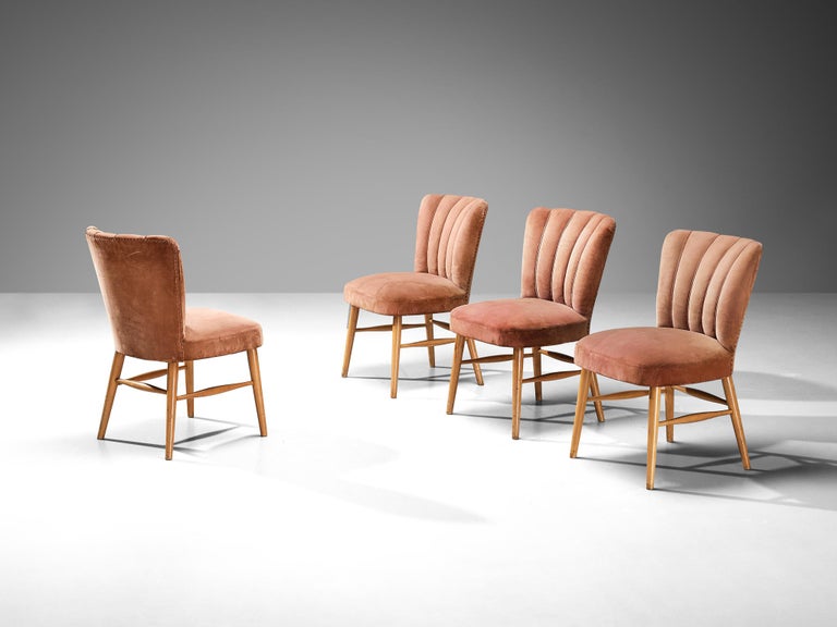 European Dining Chairs in Soft Pink Velvet Upholstery and Wood