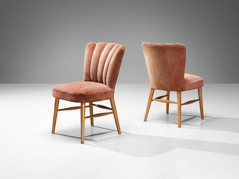 European Dining Chairs in Soft Pink Velvet Upholstery and Wood