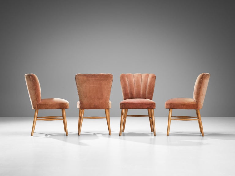 European Dining Chairs in Soft Pink Velvet Upholstery and Wood