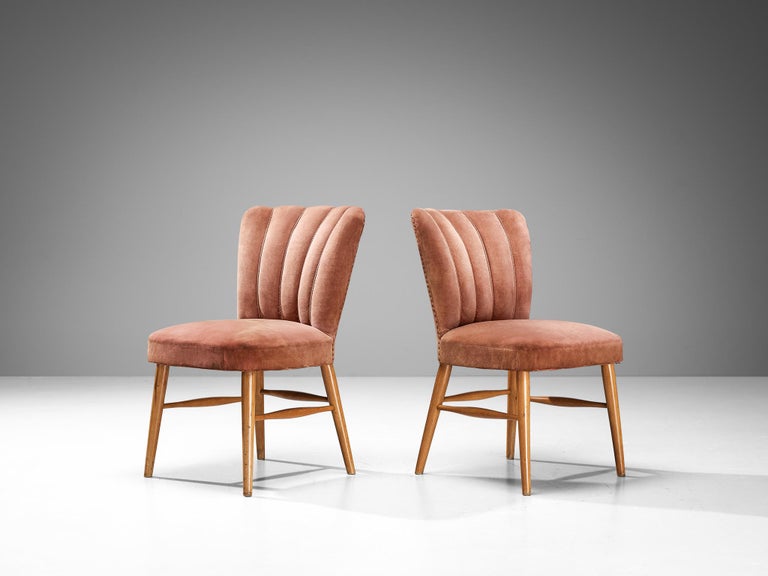 European Dining Chairs in Soft Pink Velvet Upholstery and Wood