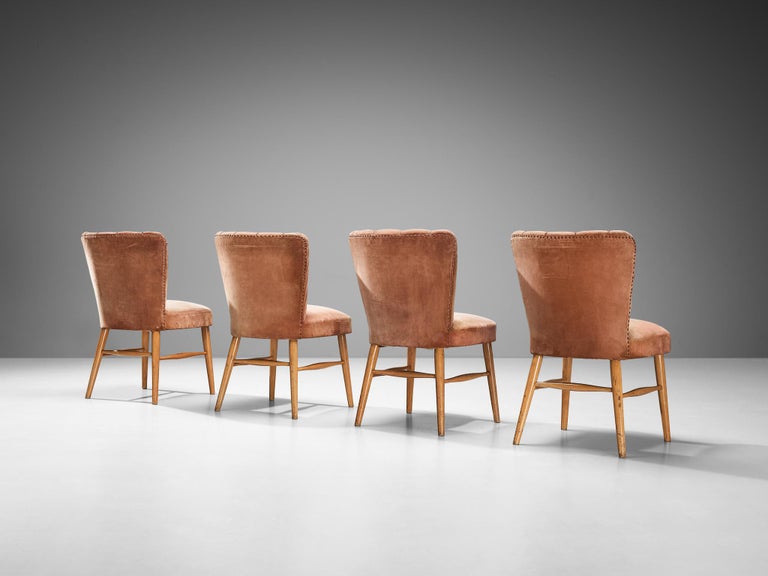 European Dining Chairs in Soft Pink Velvet Upholstery and Wood