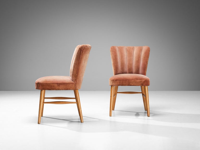 European Dining Chairs in Soft Pink Velvet Upholstery and Wood