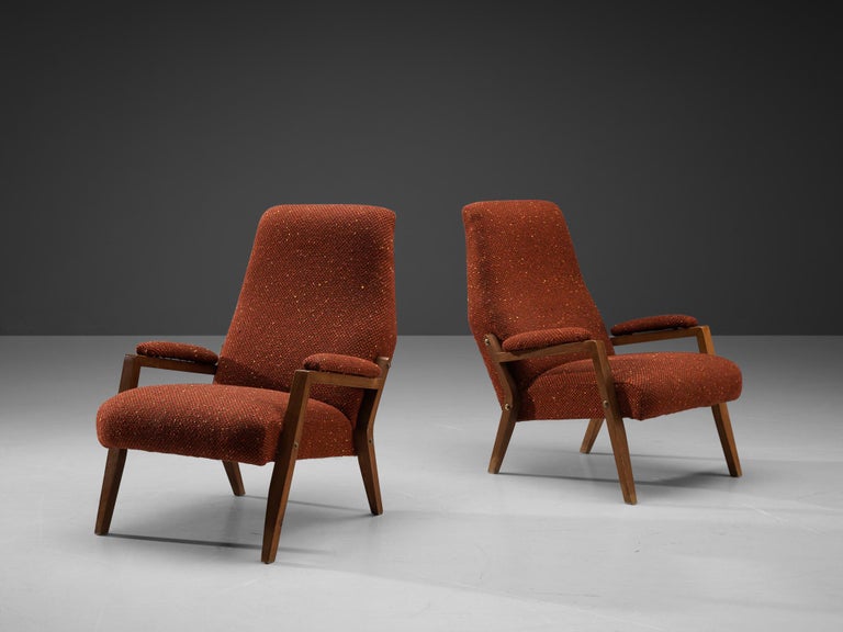 Italian Pair of Lounge Chairs in Patterned Brown Red Upholstery