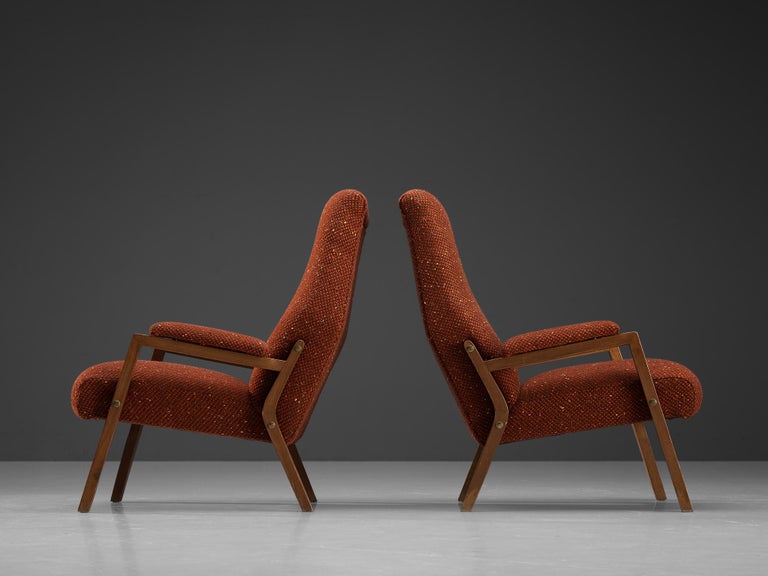 Italian Pair of Lounge Chairs in Patterned Brown Red Upholstery