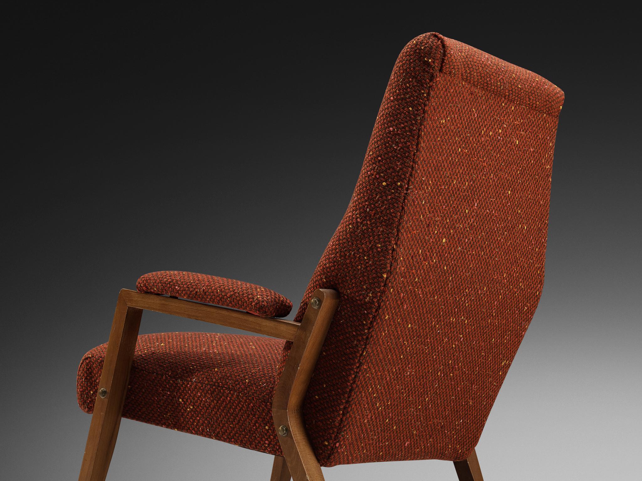 Mid-Century Modern Italian Lounge Chair in Reddish Brown Upholstery