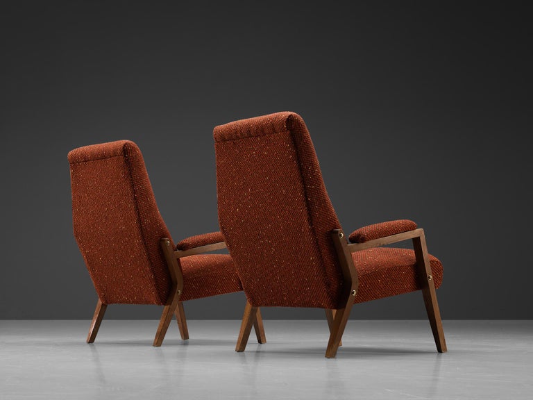 Italian Pair of Lounge Chairs in Patterned Brown Red Upholstery