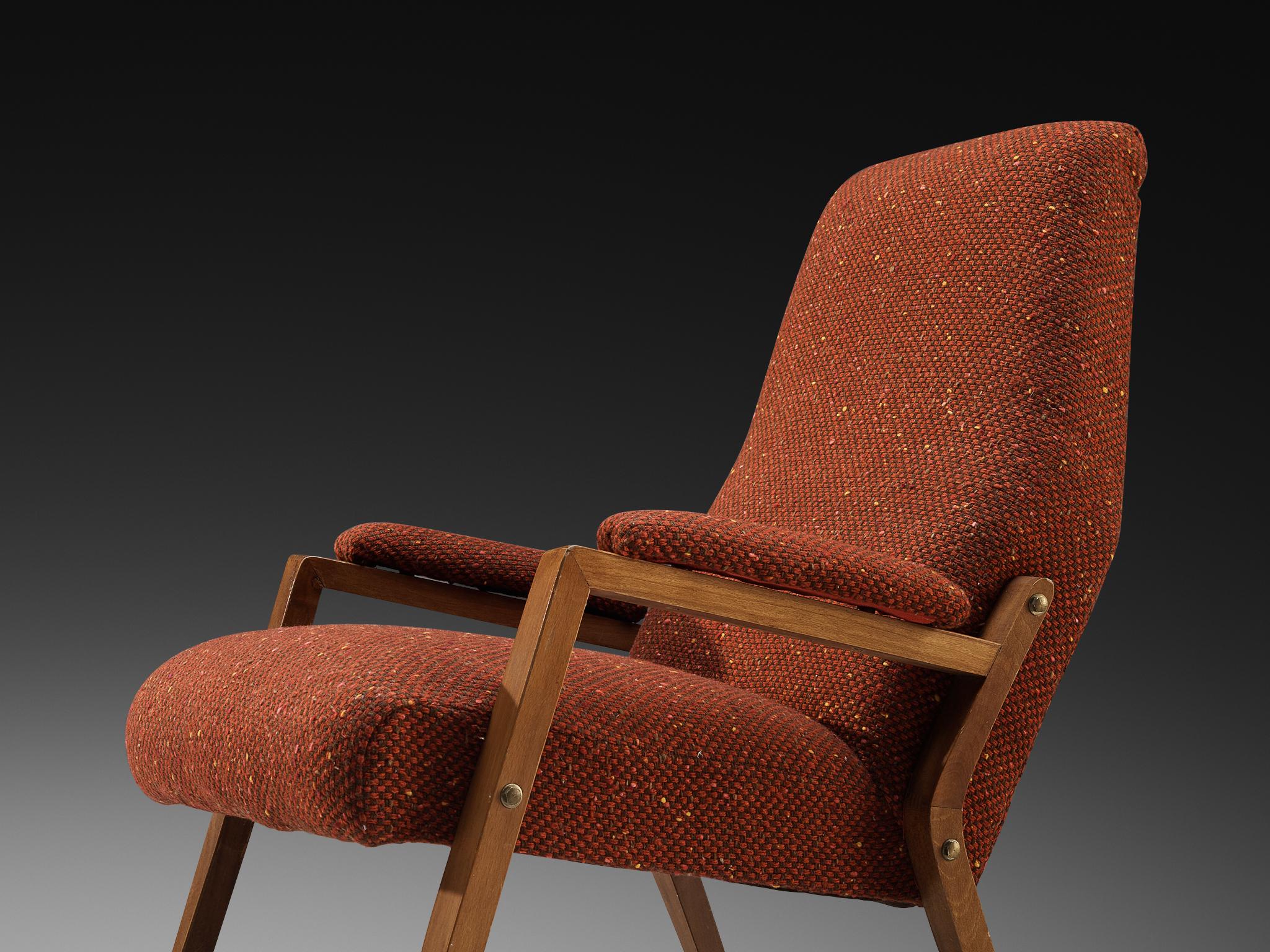 Mid-Century Modern Italian Lounge Chair in Reddish Brown Upholstery