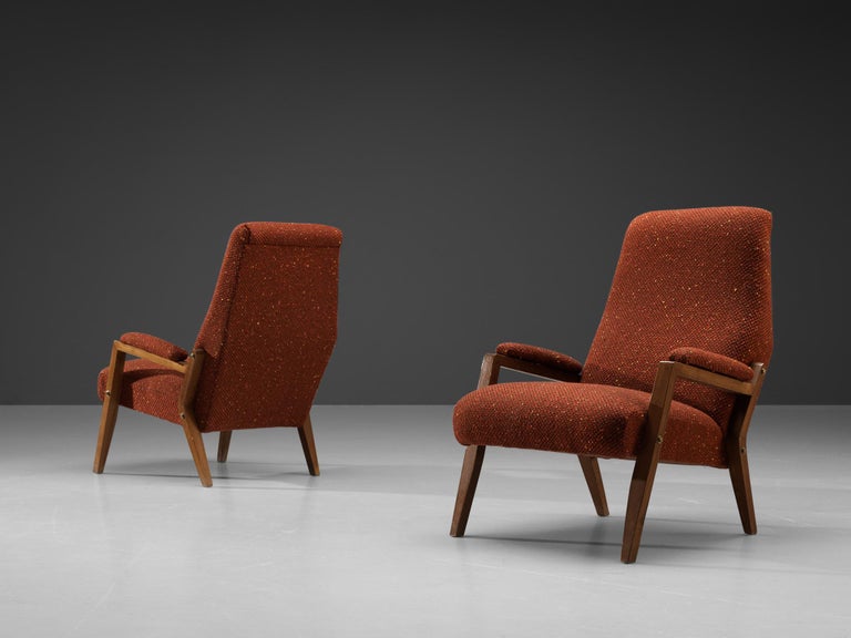 Italian Pair of Lounge Chairs in Patterned Brown Red Upholstery