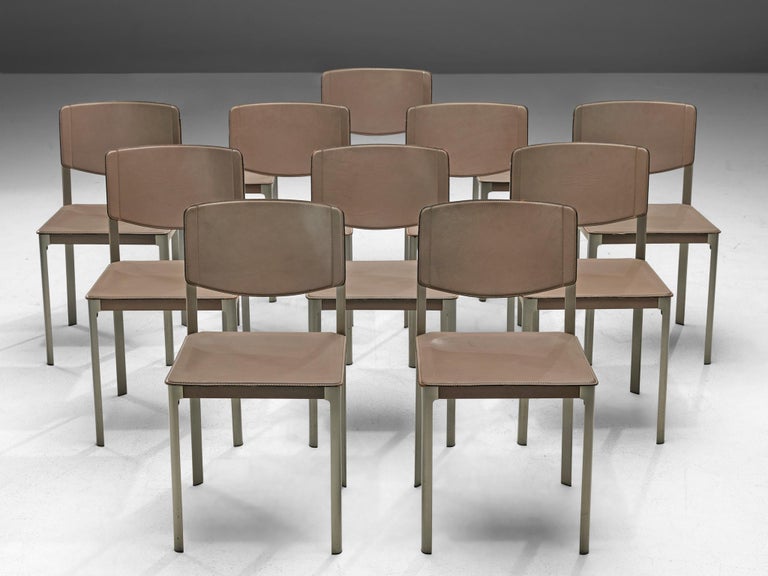 Matteo Grassi Set of Ten Dining Chairs in Leather and Steel