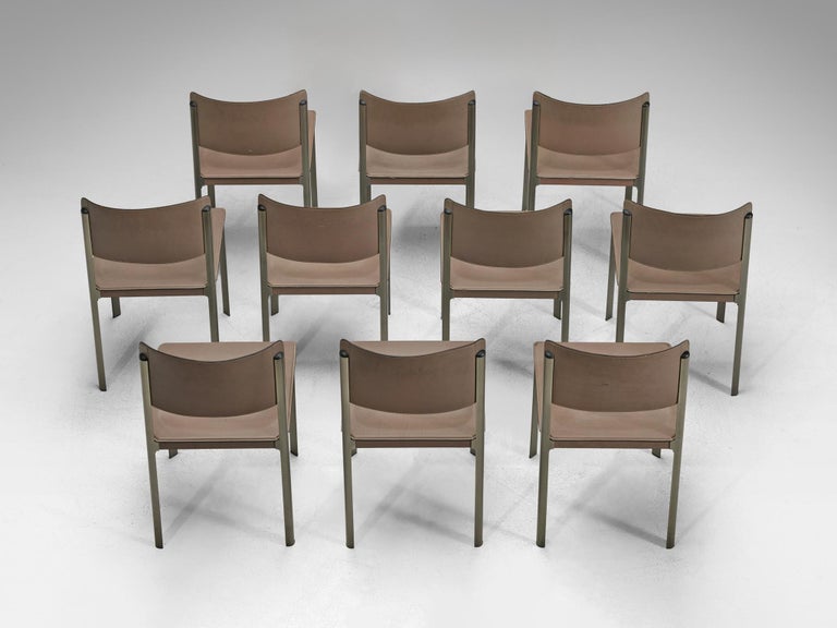 Matteo Grassi Set of Ten Dining Chairs in Leather and Steel