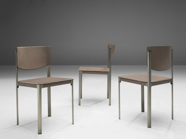 Matteo Grassi Set of Ten Dining Chairs in Leather and Steel