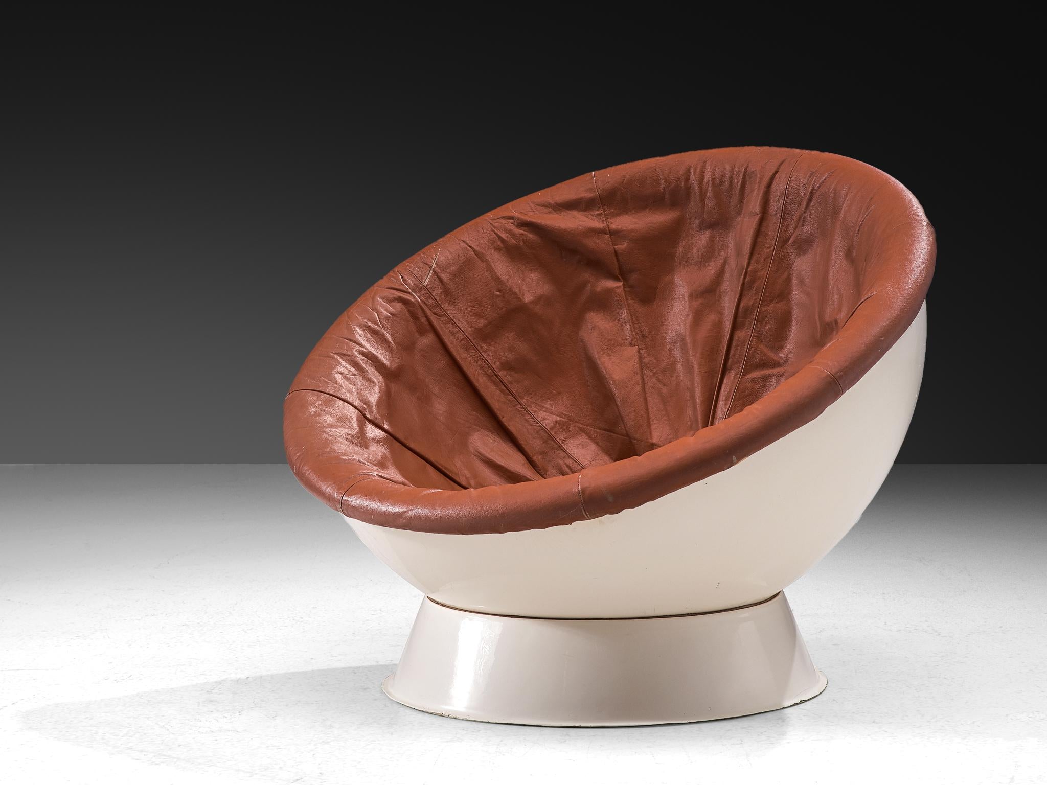 Space Age Ball Chair in White Fiberglass and Brown Leather