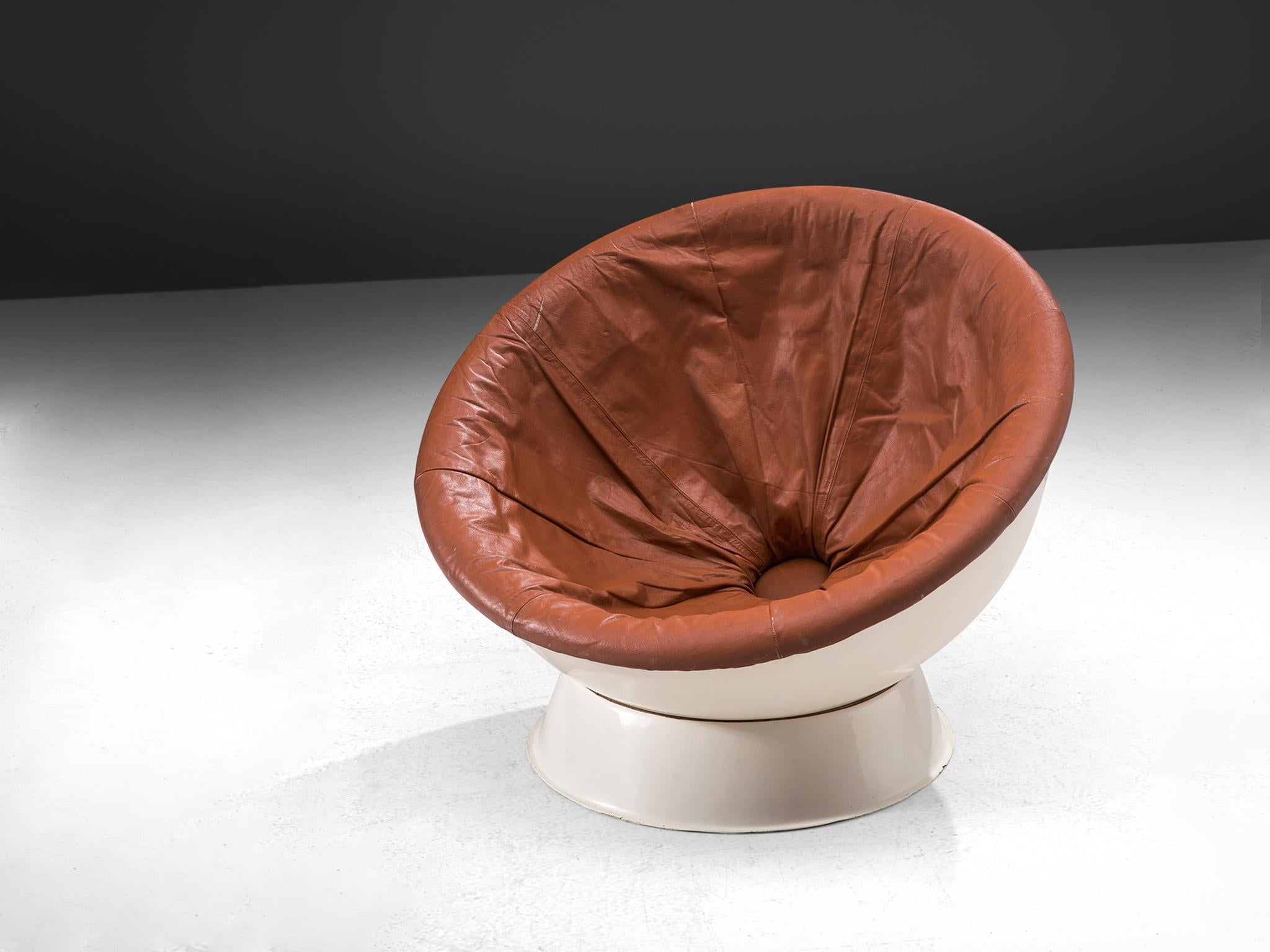 Space Age Ball Chair in White Fiberglass and Brown Leather