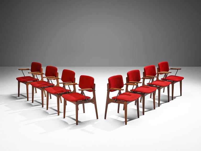 Dutch Set of Eight Armchairs in Teak and Burgundy Red Upholstery