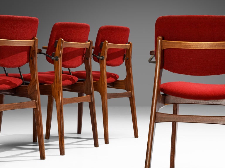 Dutch Set of Eight Armchairs in Teak and Burgundy Red Upholstery