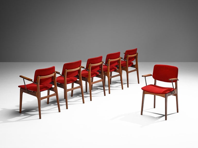 Dutch Set of Six Armchairs in Teak and Burgundy Red Upholstery