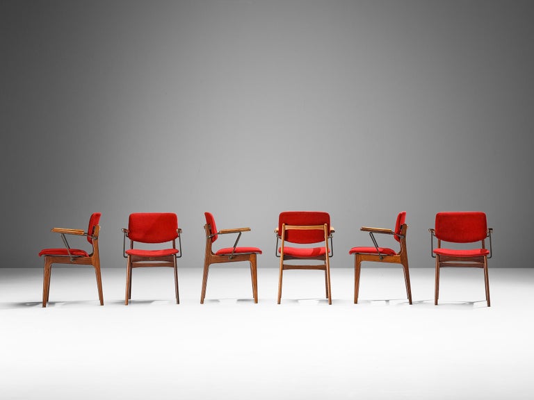 Dutch Set of Six Armchairs in Teak and Burgundy Red Upholstery