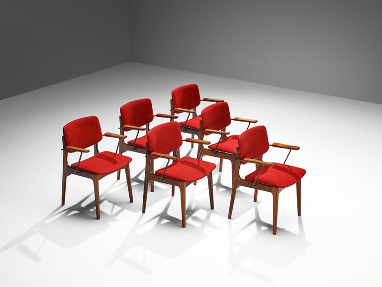 Dutch Set of Six Armchairs in Teak and Burgundy Red Upholstery