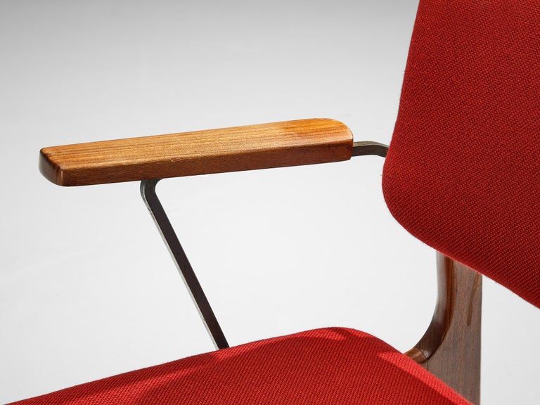 Dutch Set of Six Armchairs in Teak and Burgundy Red Upholstery