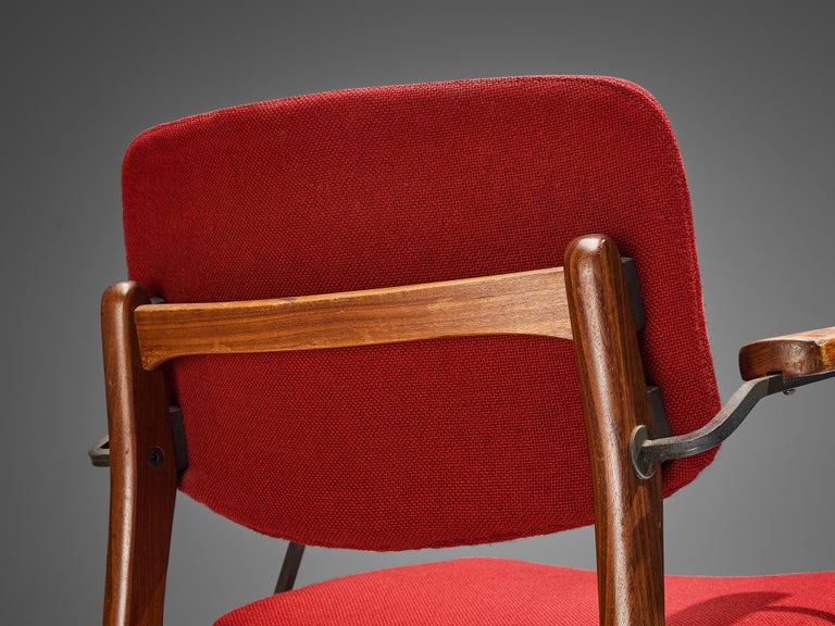 Dutch Set of Six Armchairs in Teak and Burgundy Red Upholstery