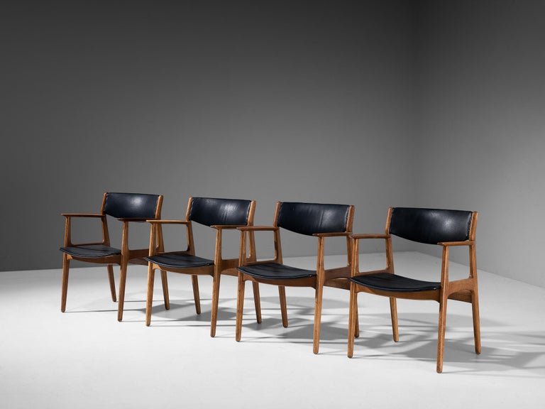 Danish Set of Four Armchairs in Oak and Black Leatherette