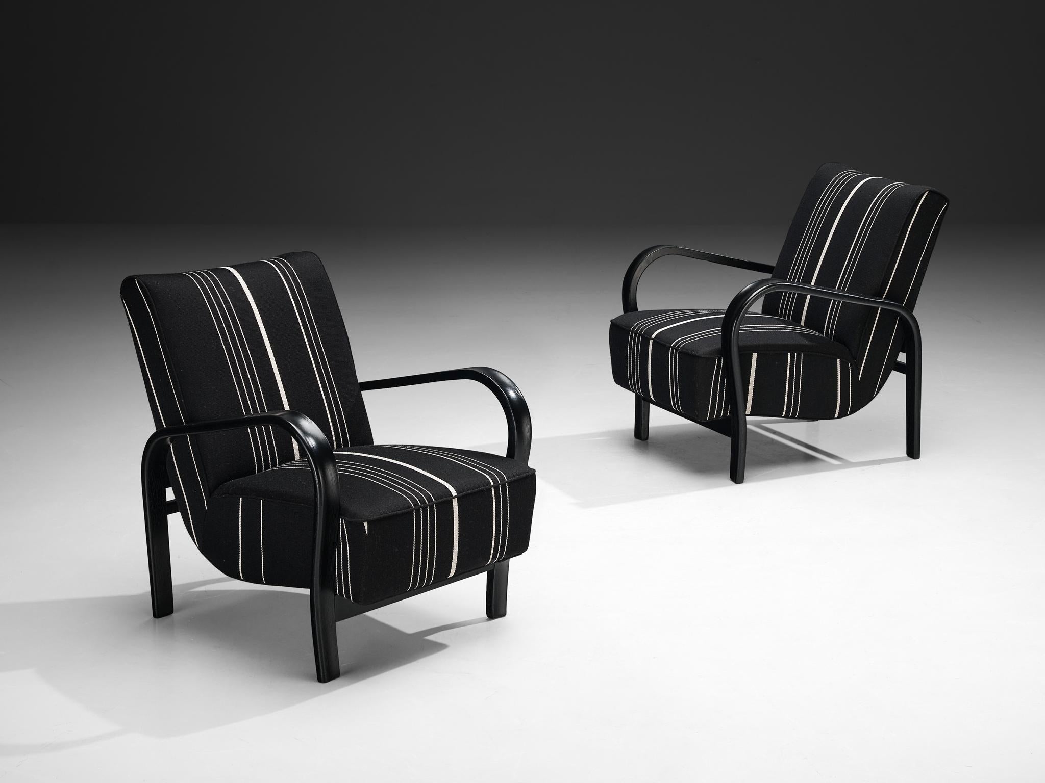 Jindrich Halabala Lounge Chairs in Black Striped Upholstery