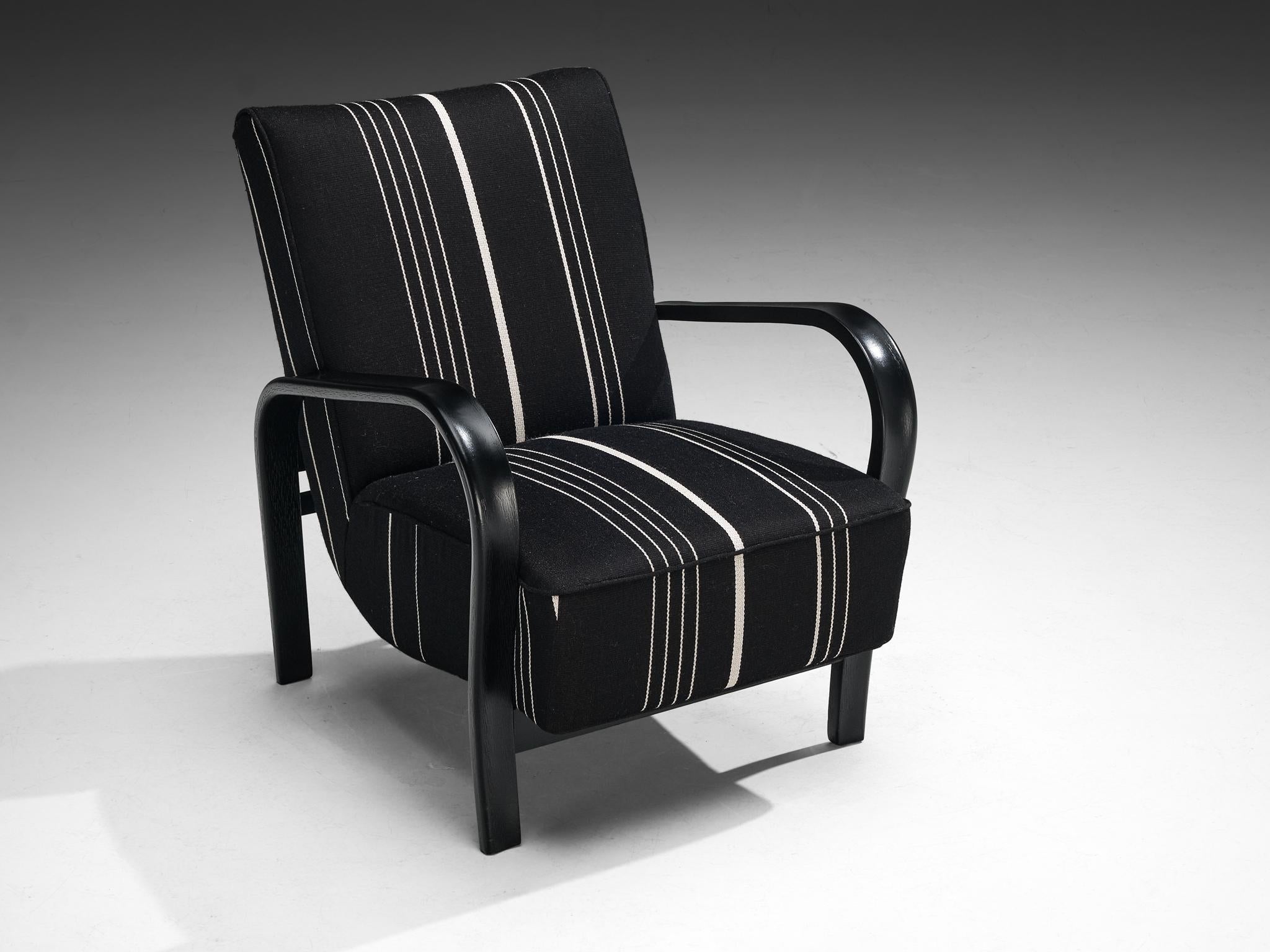 Jindrich Halabala Lounge Chair in Black and White Striped Upholstery