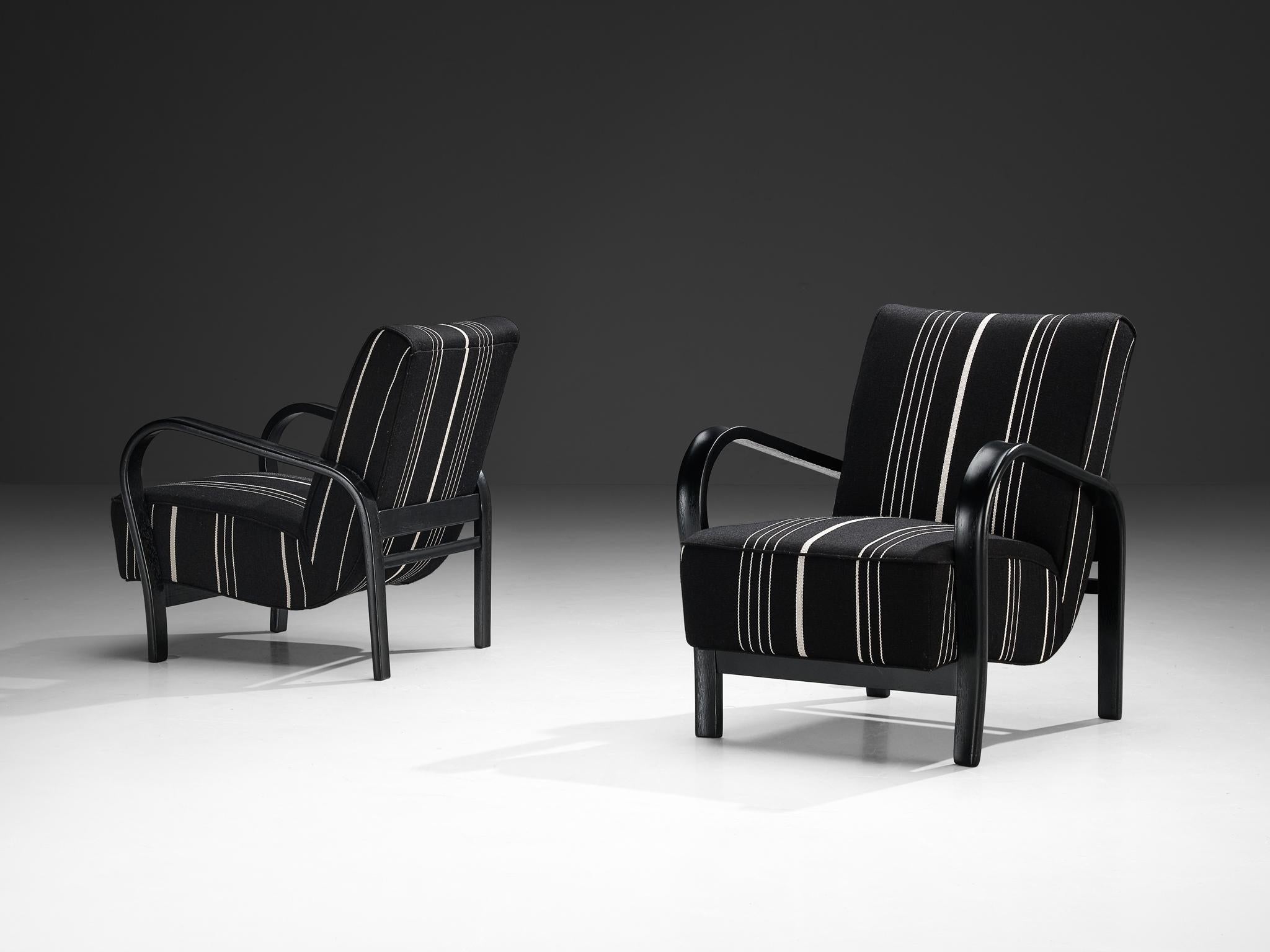 Jindrich Halabala Lounge Chairs in Black Striped Upholstery