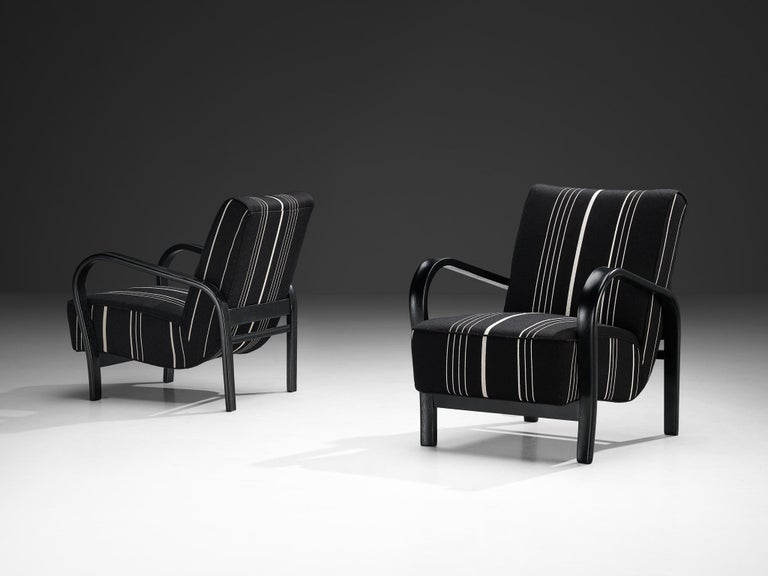 Jindrich Halabala Lounge Chairs in Black and White Striped Upholstery