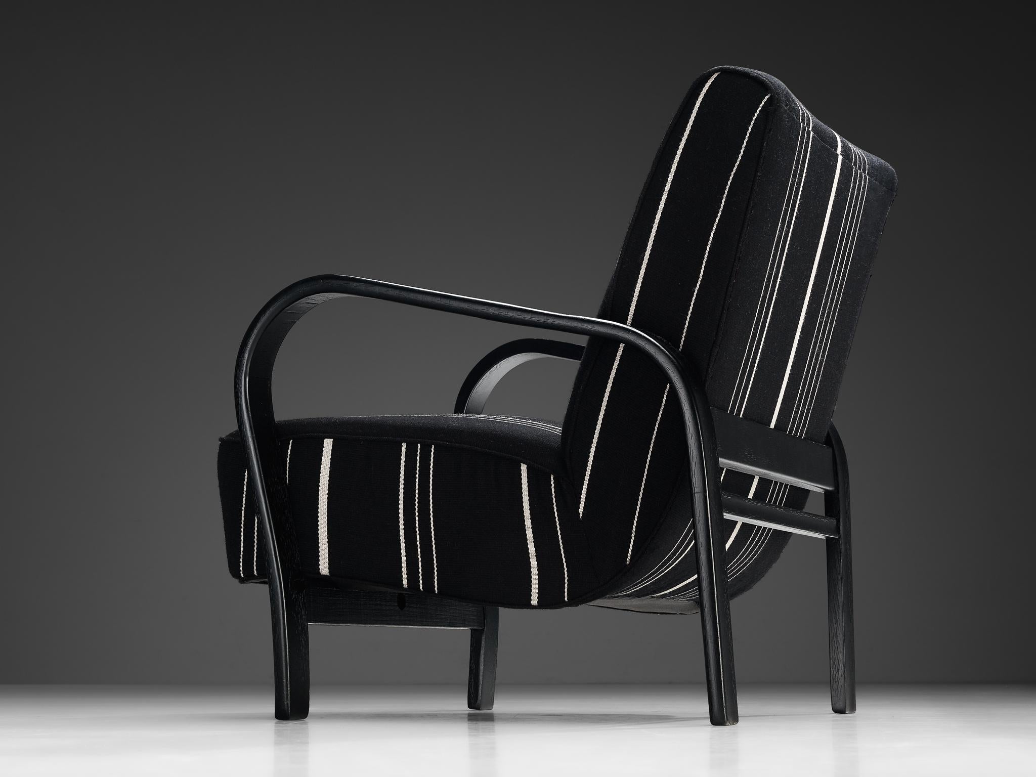 Jindrich Halabala Lounge Chair in Black and White Striped Upholstery