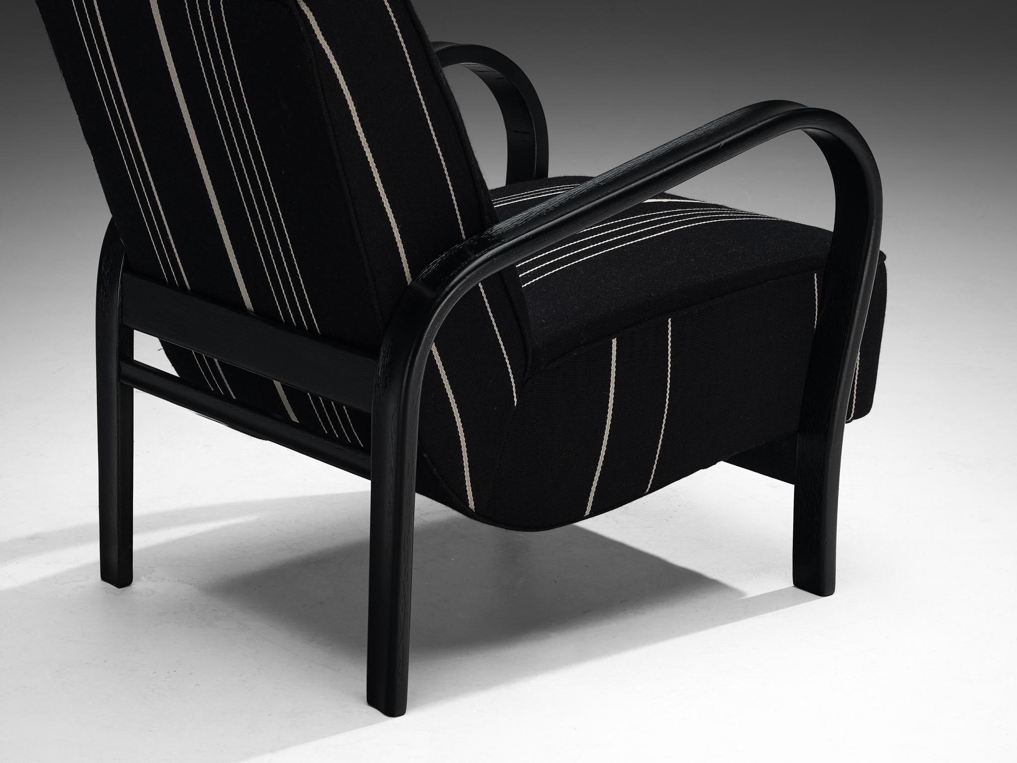 Jindrich Halabala Lounge Chair in Black and White Striped Upholstery