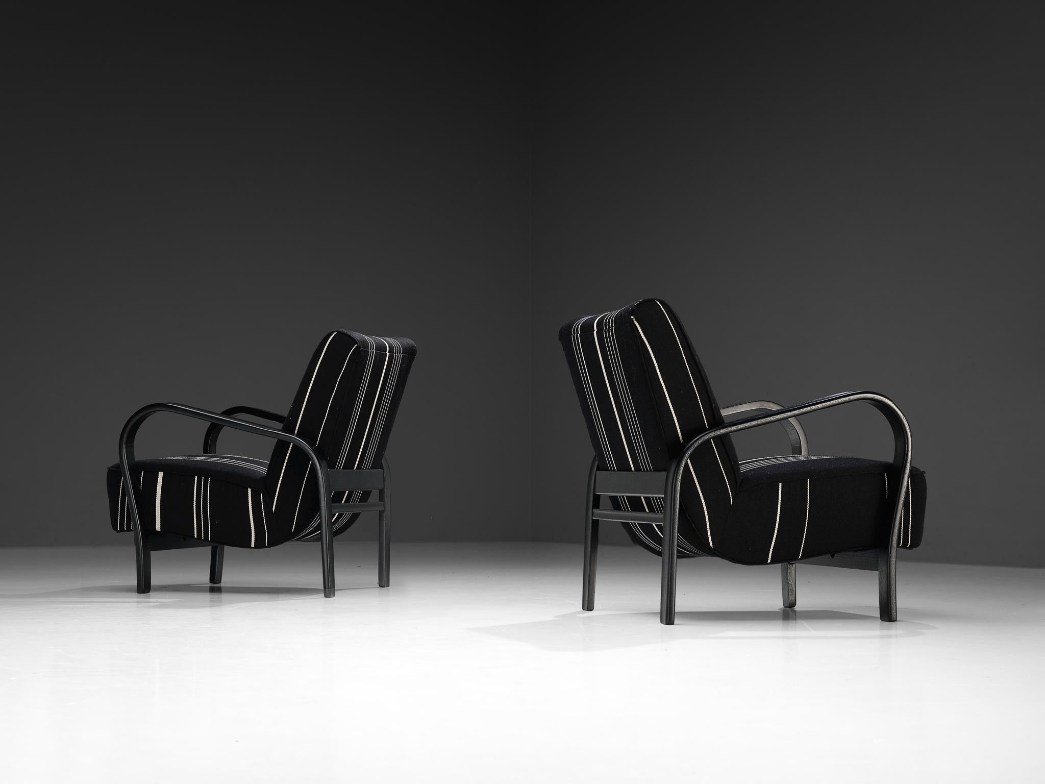 Jindrich Halabala Lounge Chairs in Black Striped Upholstery