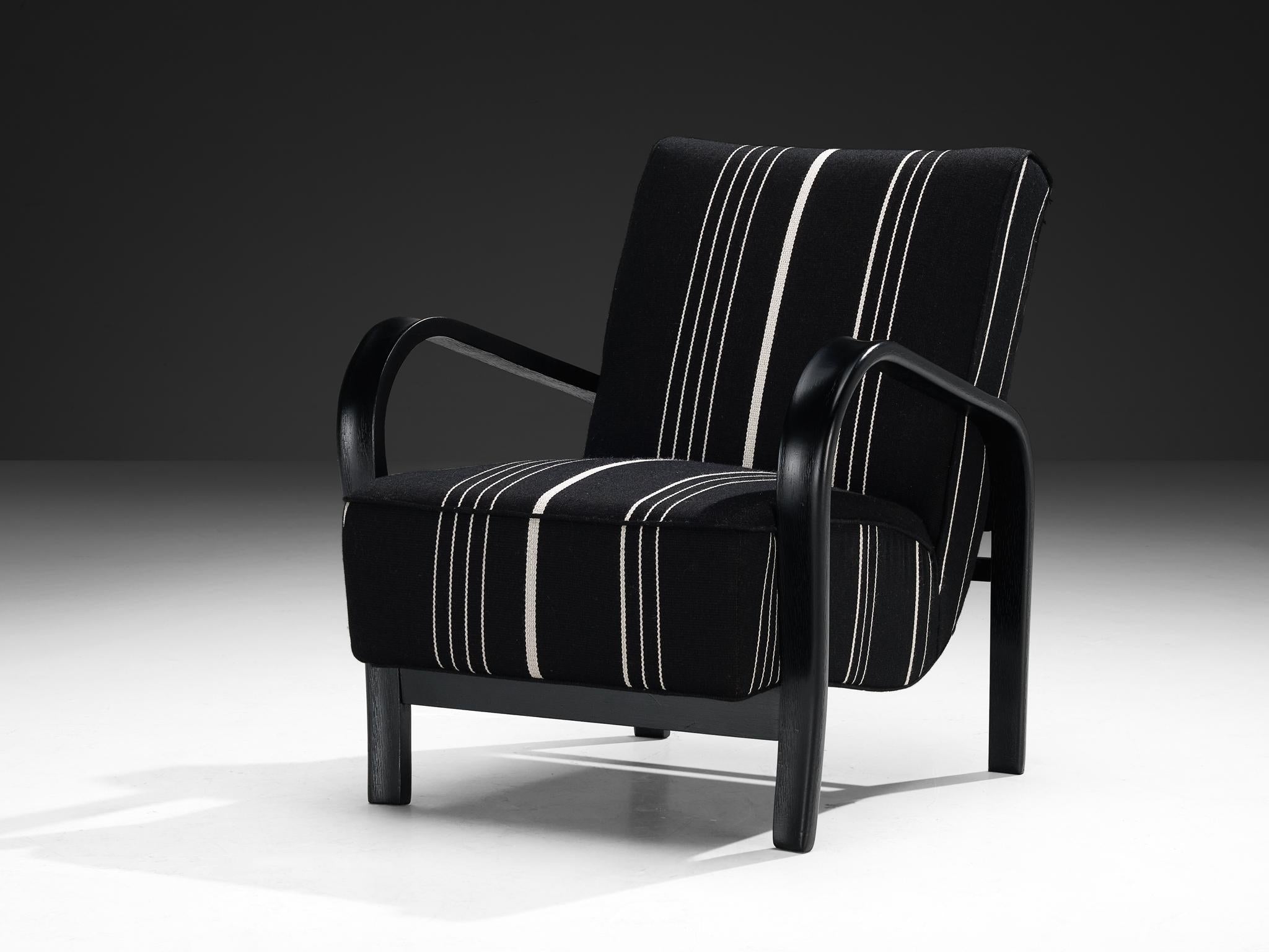 Jindrich Halabala Lounge Chair in Black and White Striped Upholstery