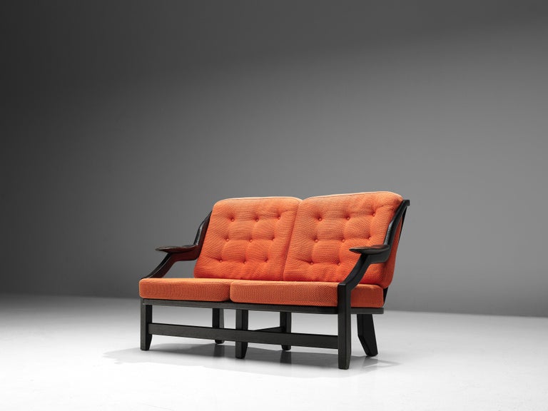 Guillerme & Chambron 'Gregoire' Sofa in Oak and Orange Red Upholstery