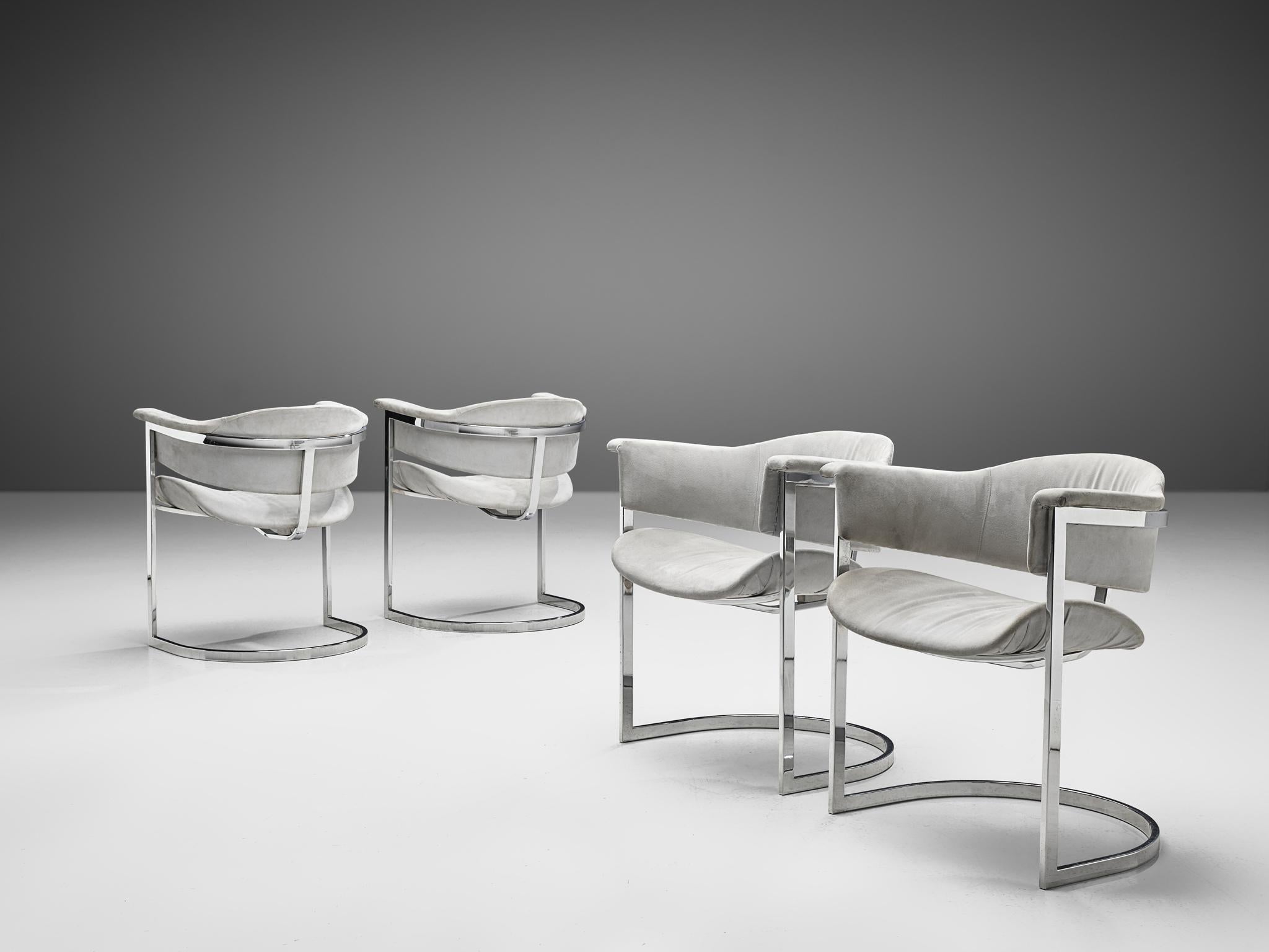 Vittorio Introini Set of Four Dining Chairs in Chromed Steel & Grey Fabric