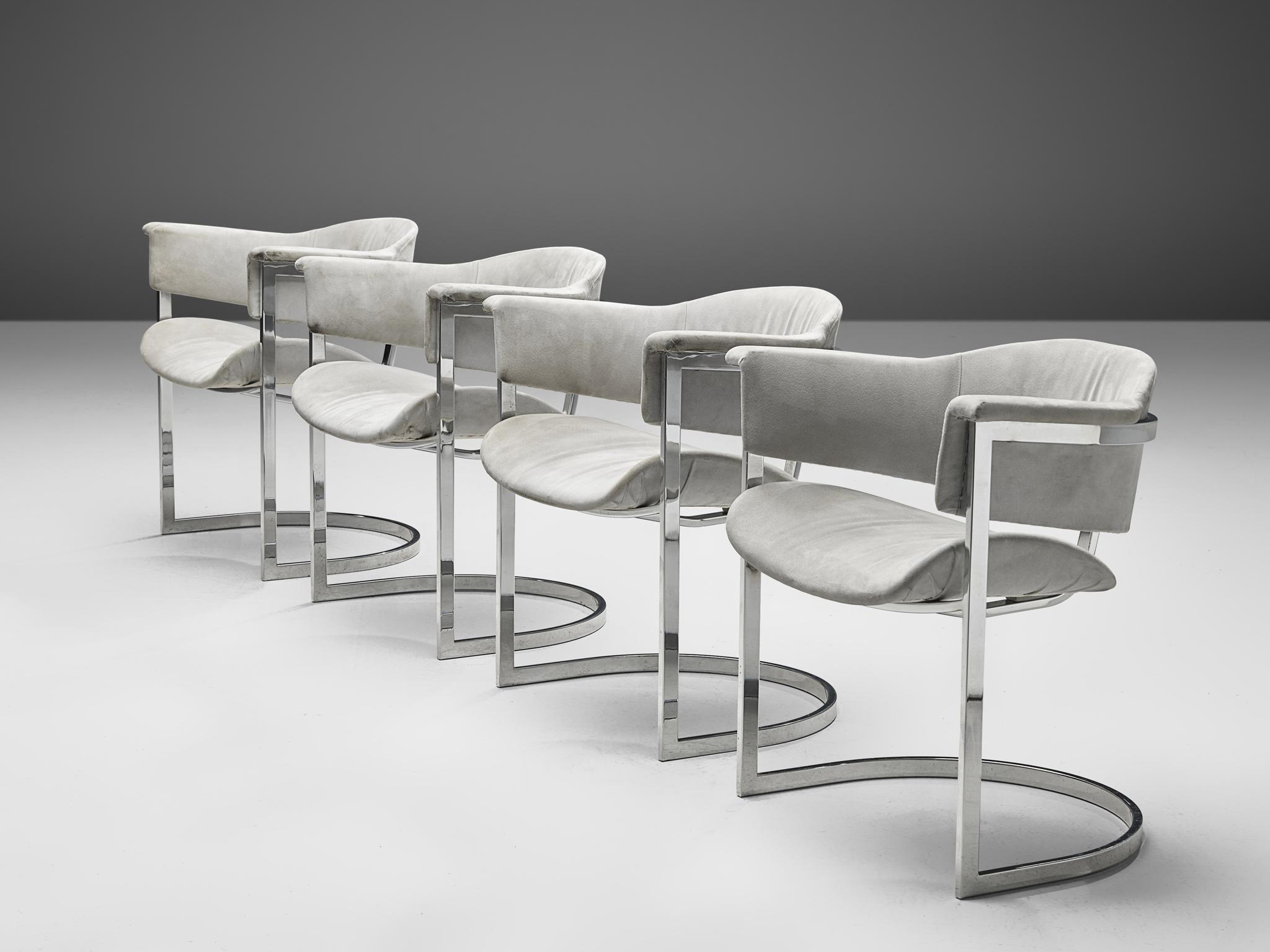 Vittorio Introini Set of Four Dining Chairs in Chromed Steel & Grey Fabric