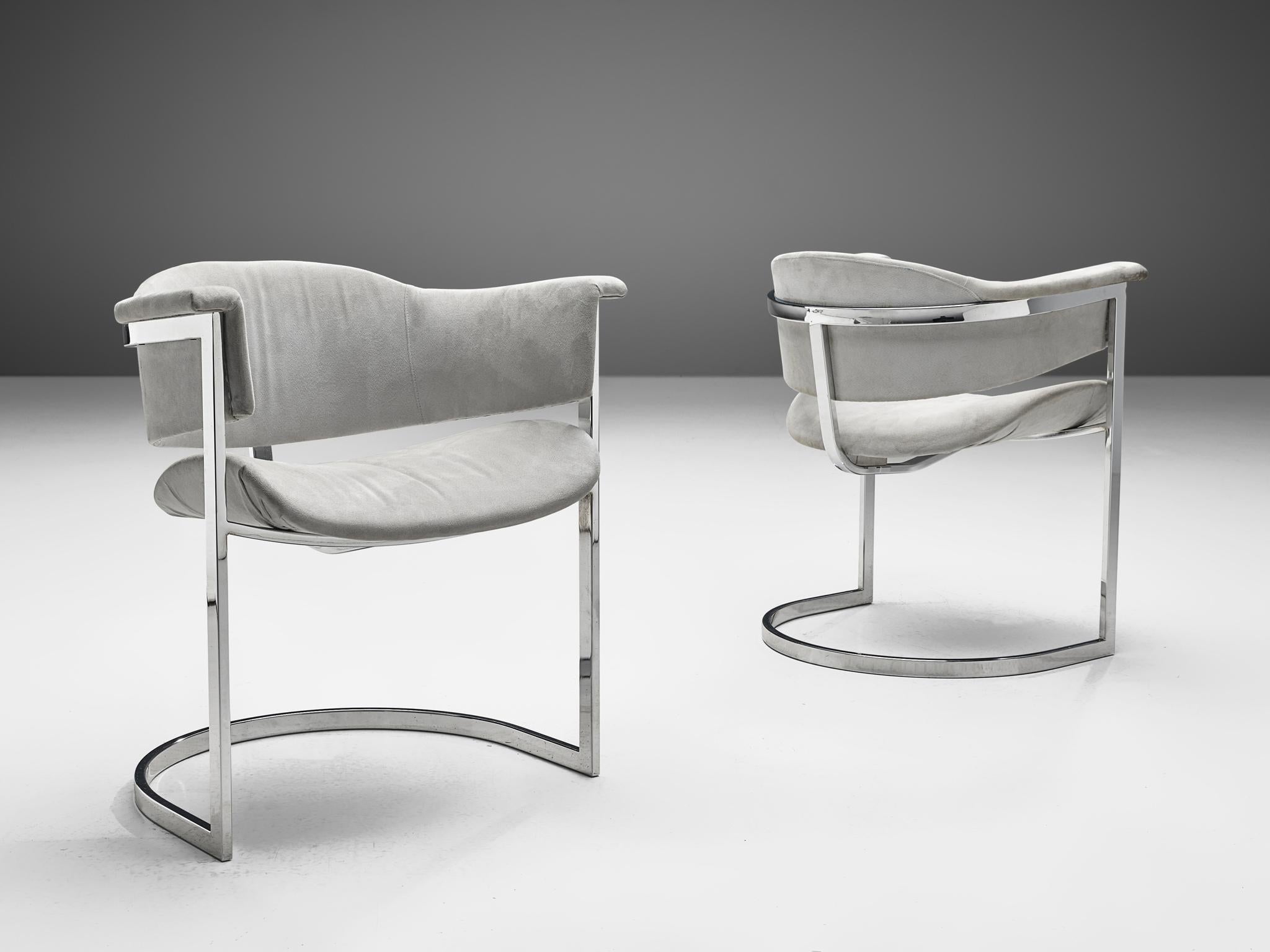 Vittorio Introini Set of Four Dining Chairs in Chromed Steel & Grey Fabric