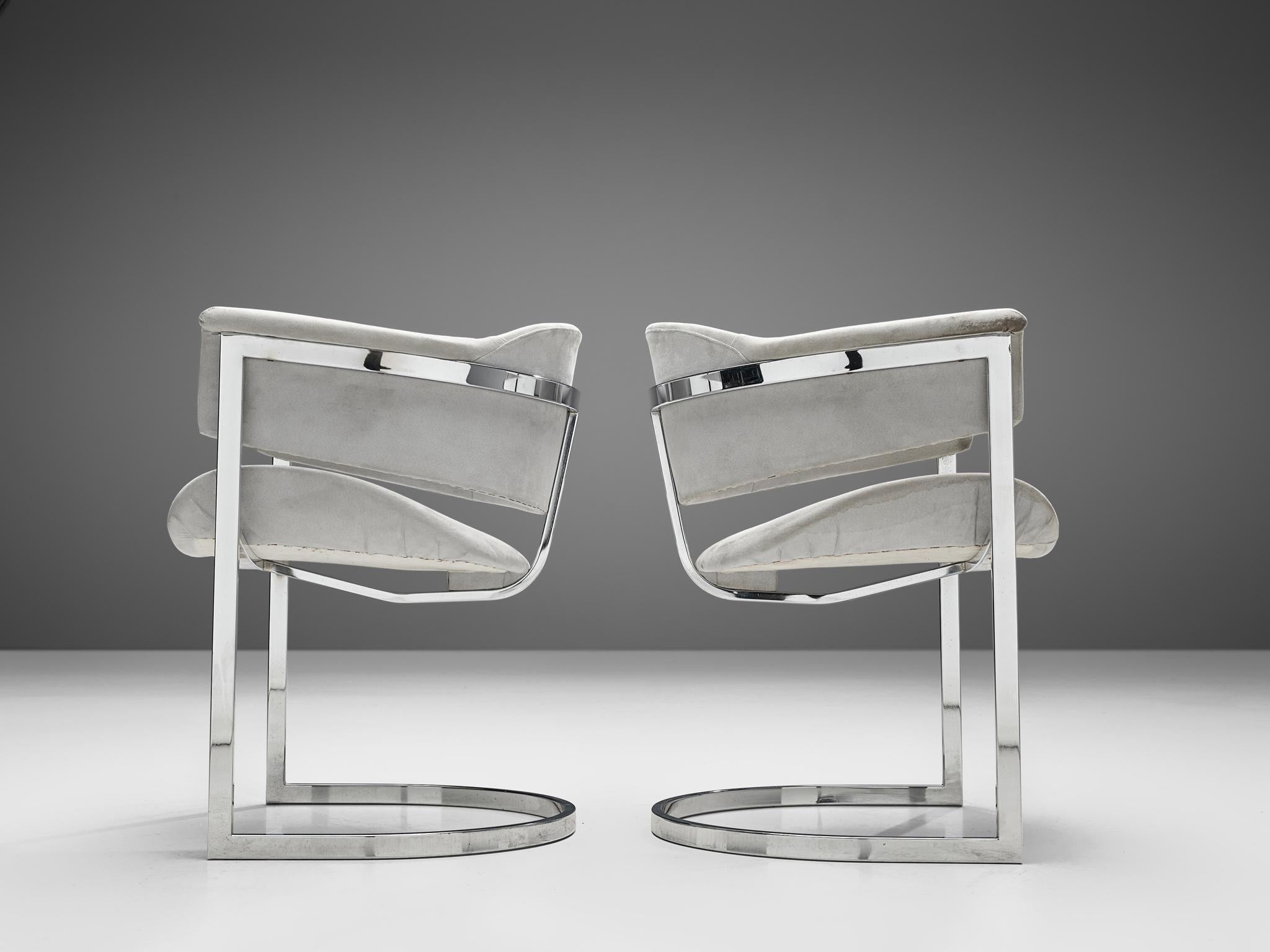 Vittorio Introini Set of Four Dining Chairs in Chromed Steel & Grey Fabric