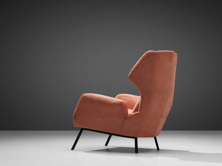 Mid-Century Modern Italian Wingback Chair in Salmon Pink Upholstery and Metal