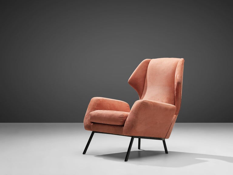 Mid-Century Modern Italian Wingback Chair in Salmon Pink Upholstery and Metal