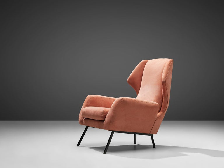 Mid-Century Modern Italian Wingback Chair in Salmon Pink Upholstery and Metal