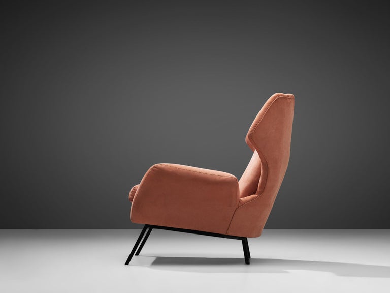 Mid-Century Modern Italian Wingback Chair in Salmon Pink Upholstery and Metal