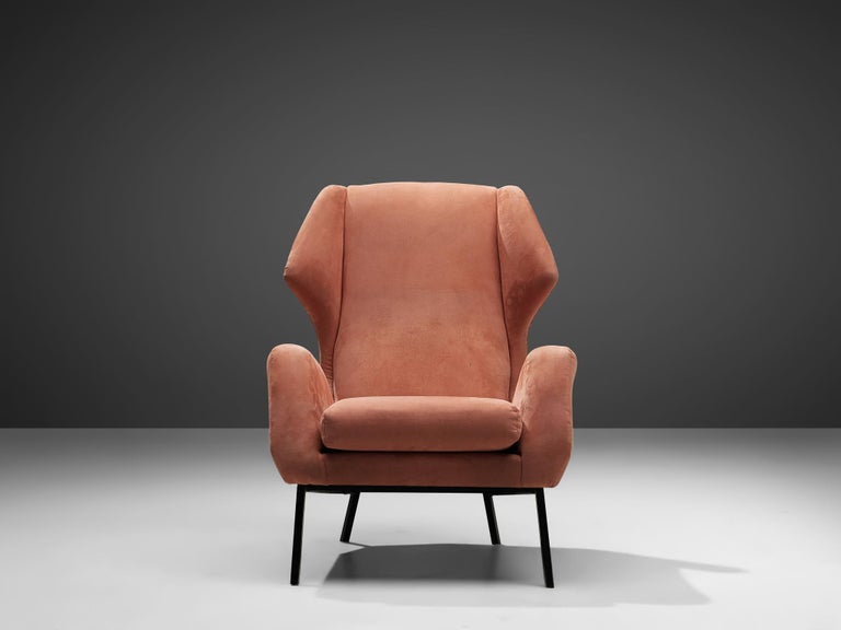 Mid-Century Modern Italian Wingback Chair in Salmon Pink Upholstery and Metal