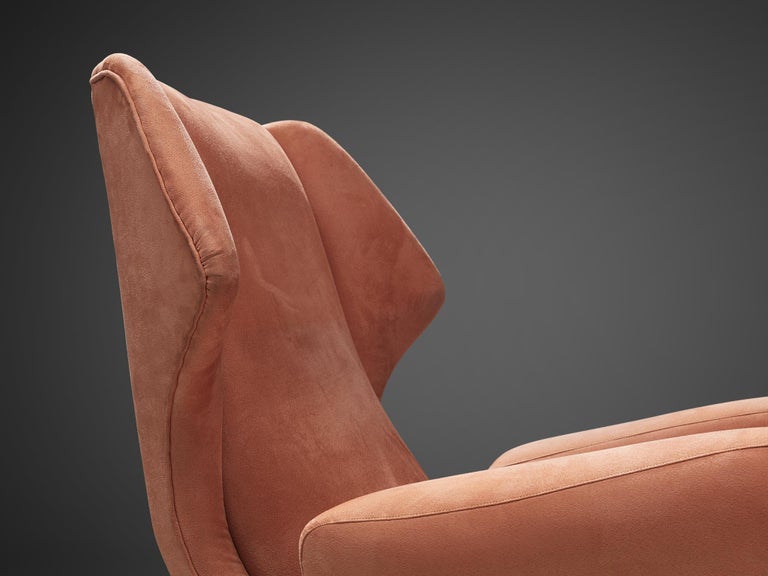 Mid-Century Modern Italian Wingback Chair in Salmon Pink Upholstery and Metal