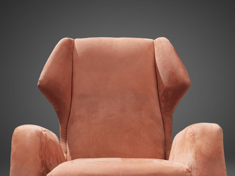 Mid-Century Modern Italian Wingback Chair in Salmon Pink Upholstery and Metal