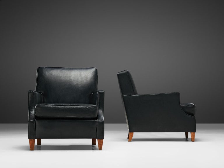 Danish Pair of Lounge Chairs in Black Leather