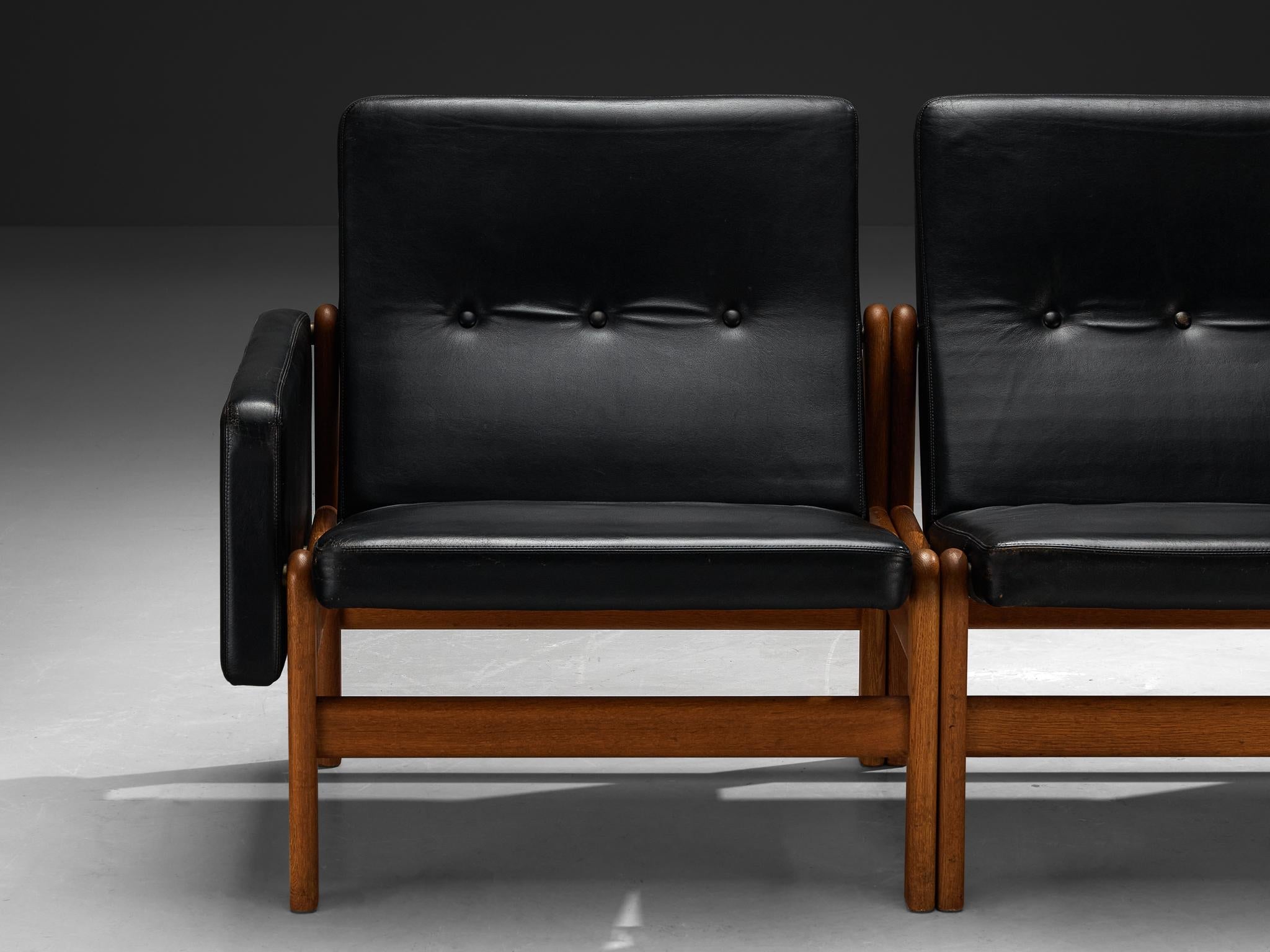 Jørgen Bækmark for FDB Møbler Two Seat Modular Sofa in Oak and Leather