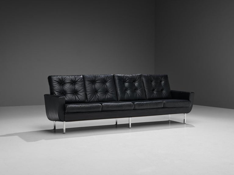 Four-Seater Sofa in Black Leatherette and Steel