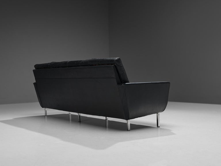 Four-Seater Sofa in Black Leatherette and Steel