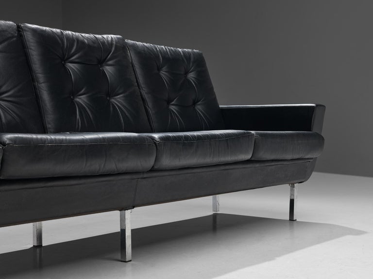 Four-Seater Sofa in Black Leatherette and Steel